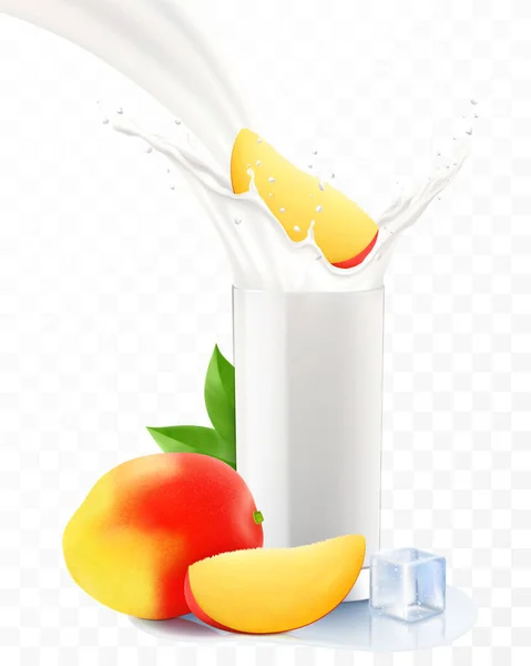 Mango Falling Glass Milk Yogurt Sweet Milk Splashes Fruit Milkshake — Stock Photo, Image