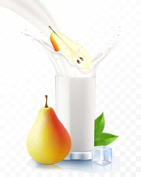 Pear Falling Glass Milk Yogurt Sweet Milk Splashes Fruit Milkshake — Stock Photo, Image