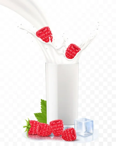 Малина Падає Склянку Молока Або Йогурту Солодке Молоко Розбризкує Рекламний — стокове фото