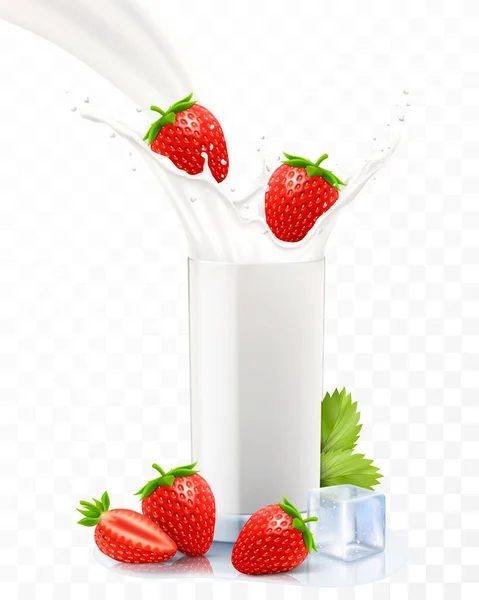草莓掉在一杯牛奶或酸奶里 甜牛奶溅 水果奶昔广告横幅 酸奶喷射机 杯子中的白酒 现实的3D病媒隔离 — 图库照片