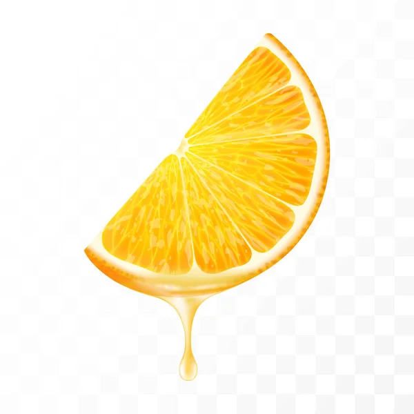 切碎橙子 果汁滴落在透明的背景上 新鲜的一片橙子和精油滴在一起 多汁的水果 新鲜柑橘类设计 现实的3D矢量 — 图库照片