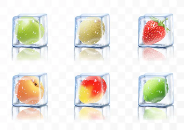 Frysta Saftiga Frukter Isbitar Äpple Melon Lime Jordgubbar Persika Mango — Stockfoto