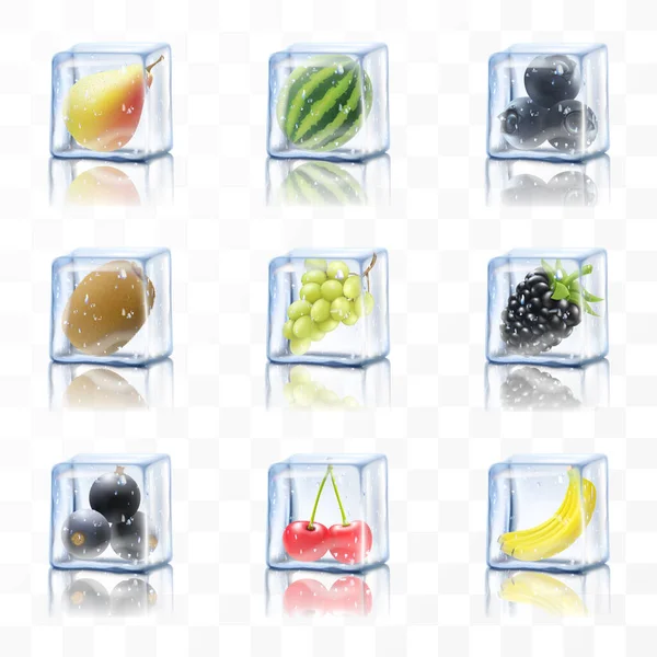 Frozen Juicy Fruits Ice Cubes Pear Banana Watermelon Cherry Kiwi — Stock Photo, Image