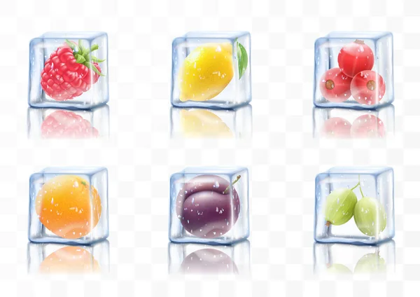 冰块中的多汁水果 覆盆子 冰冻的山莓 橙子或柚子 现实的3D矢量图解 冰冻浆果 夏季异国情调鸡尾酒 酒精饮料 — 图库照片