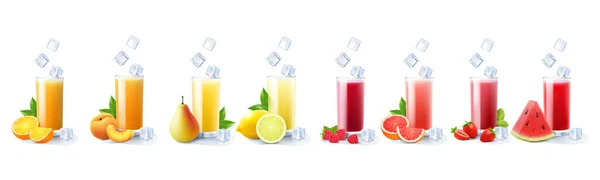 Óculos Com Suco Isolado Fundo Branco Conjunto Diferentes Sucos Frutas — Fotografia de Stock