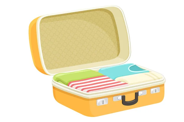 Opened Travel Suitcase Full Things Summer Vacation Flat Design Vector — Stok fotoğraf