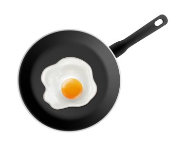 Beyaz arka planda izole edilmiş tavada leziz kızarmış tavuk yumurtası. Çırpılmış yumurta ve siyah yapışmaz tava Gerçekçi 3D vektör çizimi