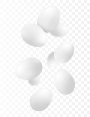 Uçan tavuk yumurtaları, beyaz arka planda izole edilmiş. Beyaz kabuğa düşen lezzetli yumurtalar. Seçici odak, reklam, ambalaj, afiş, poster, baskı için kullanılabilir. Gerçekçi 3d vektörü