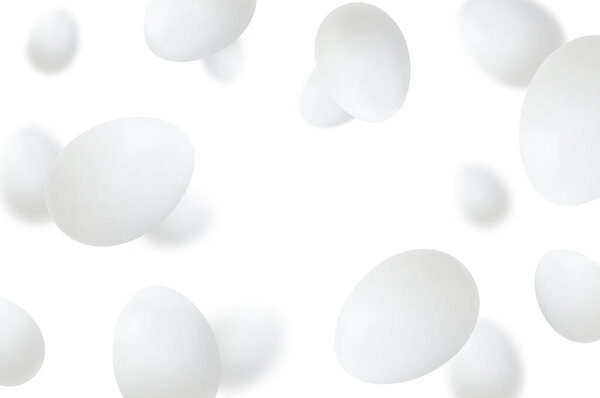 Flying chicken eggs, isolated on white background. Falling tasty eggs in the white shell. Selective focus Can be used for advertising, packaging, banner, poster, print. Realistic 3d vector