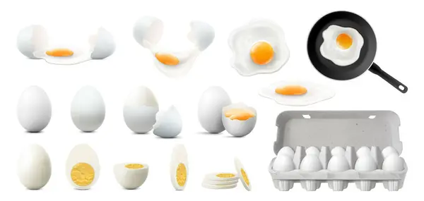 Yarım Dilimlenmiş Kırılmış Yumurta Seti Çiğ Kızarmış Haşlanmış Yumurta Beyaz — Stok fotoğraf