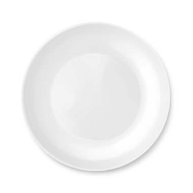 Klasik beyaz seramik, cam plaka, beyaz arka planda izole edilmiş. Üst Manzara. Beyaz mutfak aletleri yemek için kap kacak, projeleriniz için resim. Gerçekçi 3B vektör illüstrasyonu