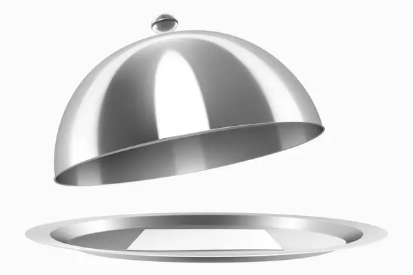 stock image A stainless steel cloche with a paper postcard isolated on white background. Open Metal food cloche, Food Cover. Dome. Serving Plate Dish, Dining Dinner Platter. Realistic 3d vector illustration