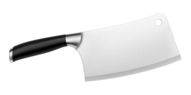 Çinli şef bıçağı. Beyaz arka planda siyah saplı et satırı bıçağı. Kasap bıçağı, gerçekçi 3D çizim, vektör illüstrasyonu. Profesyonel mutfak aletleri. Model.