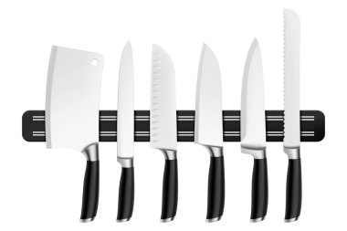 Mutfak bıçakları manyetik tutma setinde, kasap ekipmanları ve yemek aletleri arka planda izole edilmiş. Profesyonel şef bıçak koleksiyonu. Gerçekçi 3d vektör illüstrasyonu