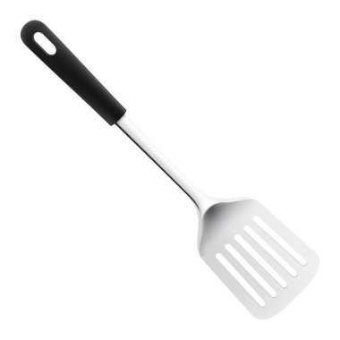 Mutfak Spatula Paslanmaz Çelik beyaz arka planda izole. Siyah saplı gümüş metal bir spatula. Gerçekçi 3 boyutlu vektör çizimi. Yemek pişirmek için mutfak gereçleri, sofra takımı