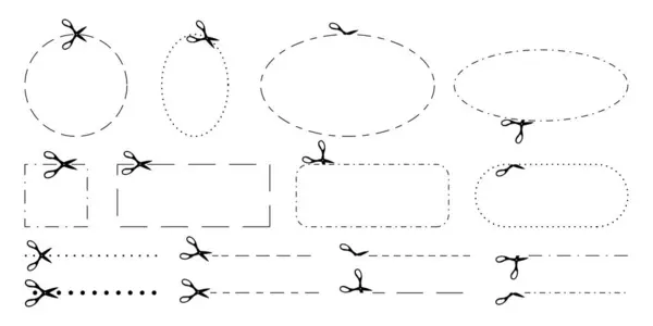 Tesoura Modelos Cortada Longo Linhas Pontilhadas Tracejadas Diferentes Formas Direções — Fotografia de Stock