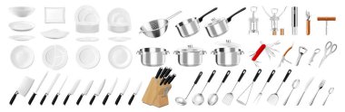 Mutfak eşyaları ve sofra takımı, mutfak aletleri, aletler, ekipmanlar ve yemek pişirmek için çatal bıçak takımı. Tabaklar, tencereler, tavalar, kepçe, kaymak, çatallar, kaşıklar. Tirbuşon, süzgeç, bıçak tenceresi. Gerçekçi 3d vektörü