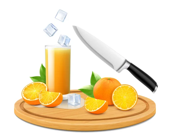 Apelsinjuice Dricksglas Med Skiva Hälften Och Hela Apelsinfrukt Trä Skärbräda — Stockfoto