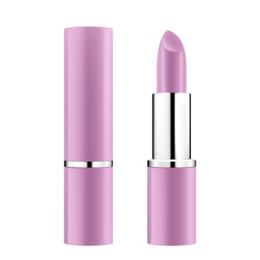 Ruj tüpü şablonu, vektör modeli. 3D gerçekçi ambalaj, kapakla açılıp kapatılıyor. Güzel dudak için dekoratif kozmetik ürün. Vektör illüstrasyonu beyazda izole edildi