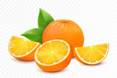 Taze portakal meyveleri, yapraklı sulu portakal, yarısı dilimlenmiş ve tüm meyveler, beyaz arka planda izole edilmiş. Gerçekçi 3d vektör illüstrasyonu