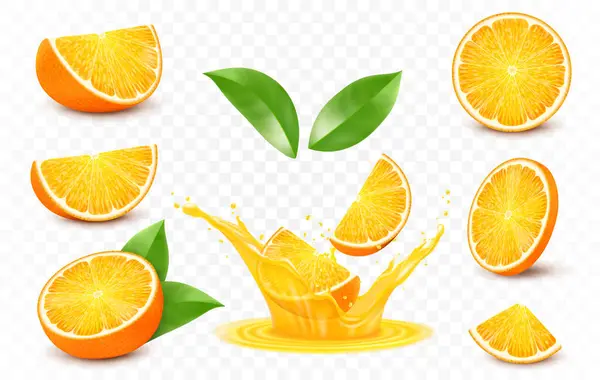 Fresh Orange Fruits Splashes Juice Realistic Vector Icon Set Isolated — Stock Vector