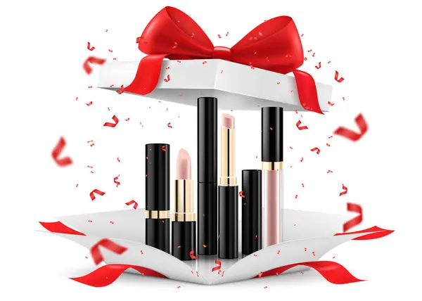 Gekleurde Lippenstift Lipgloss Open Geschenkdoos Geïsoleerd Witte Achtergrond Witte Geschenkdoos — Stockvector