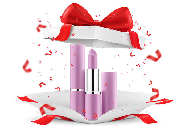 Colored Lipsticks, lip glosses inside open gift box, isolated on white background. White gift box with cosmetic items. Present, Gift, Surprise concept. 3D rendering Realistic vector illustration