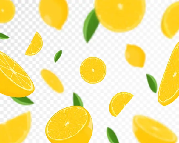 レモン柑橘類の背景 透明な背景に緑の葉でレモンを飛んでいます レモンはさまざまな角度から落ちる 焦点とぼやけた物体 フラット漫画ベクトル — ストックベクタ