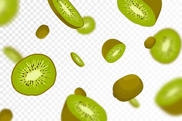 Kiwi Pozadí Létající Celé Půl Kiwi Ovoce Hladký Vzor Rozostřeným — Stockový vektor