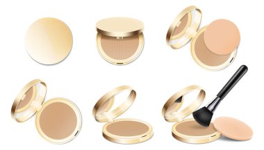 Yüze makyaj tozu seti altın yuvarlak plastik kutuda ayna, toz fırçası ve sünger ile. Beyaz Arkaplanda izole edilmiş gerçekçi 3d vektör illüstrasyonuName