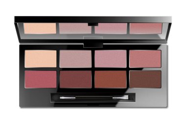 Makyaj rengi göz farı paleti beyaz arkaplanda izole edilmiş. Göz farı ya da allık kutusu. Aynalı kompakt makyaj kozmetik çantasını aç, 3 boyutlu gerçekçi vektör şablonu.