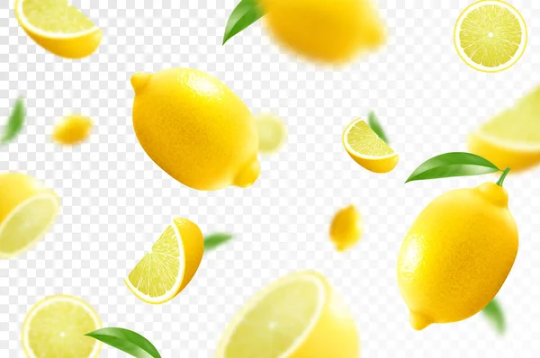 Sfondo Limone Agrumi Limone Volante Con Foglia Verde Sfondo Trasparente — Vettoriale Stock
