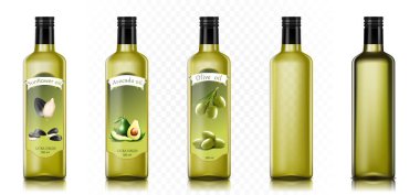Zeytin, ayçiçeği ve avokado yağı cam şişe maketi. Ekstra bakir yağ kavanozu. Yemek pişirme ürünü, organik vejetaryen diyeti. Siyah mantarlı sebze yağı kavanozu. Gerçekçi 3d vektörü