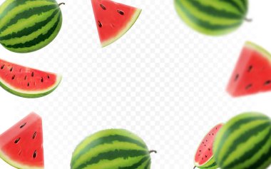 Falling watermelon fruit on transparent background. Blurred and realistic watermelon slices and geen leaves for advertising.