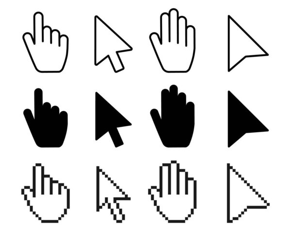 Pointer cursor icons. Computer web arrows mouse cursors and clicking line pointer cursor selecting. Pixel hand, pointer hand, arrow logo vector isolated icons set