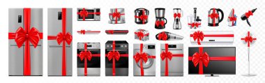 Kırmızı kurdeleli ve fiyonklu ev aletleri seti: mikrodalga fırın, buzdolabı, elektrikli süpürge, blender, tost makinesi. Hediye konsepti. Gerçekçi 3 boyutlu vektör, izole edilmiş. Elektrik aygıtı.
