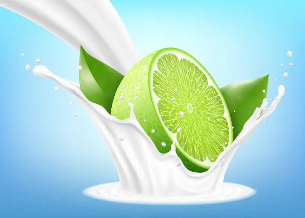 Fresh Lime Milk Splash Blue Background Lime Falls Milk Yoghurt — 图库矢量图片