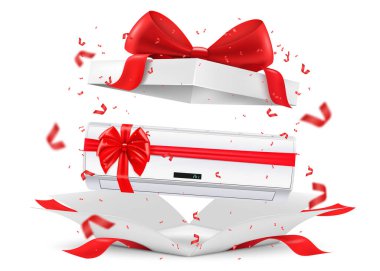 Air conditioner with red ribbon and bow inside open gift box. Gift concept, 3D rendering. Realistic vector illustration isolated on white background