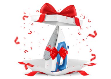 Iron with red ribbon and bow inside open gift box. 3D rendering. Gift concept. Realistic vector illustration isolated on white background