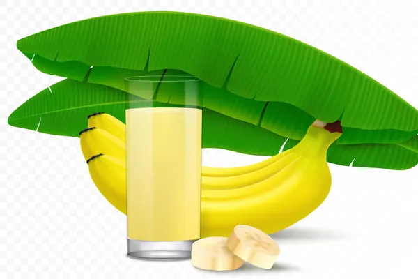 Fruit Healthy Banana Juice Banana Smoothie Glass Bunch Bananas Leaves — 图库矢量图片