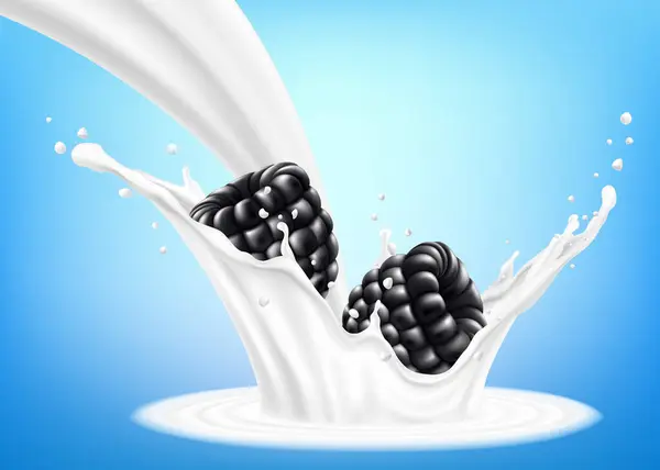 Fresh Blackberry Splash Milk Yogurt Fresh Berry Falls Milk Realistic — Wektor stockowy