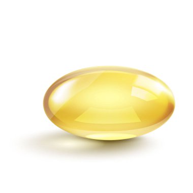 Şeffaflık efekti ve gölgesi olan gerçek balık yağı kapsülü. Beyaz arka planda izole edilmiş altın balık yağı ya da omega 3 vitamin takviyeli gerçekçi parlak ilaç hapları. 3d vektör illüstrasyonu