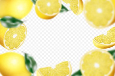 Lemon background. Flying defocusing lemon with green leaf on transparent background. 3D realistic fruits. Lemon falling from different angles. Isolated Vector illustration