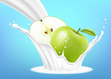 Green apple in a milk splash isolated on a blue background. Apple and milk yogurt splashing. Exercises and eat healthy food. health concept. Realistic 3d vector illustration.