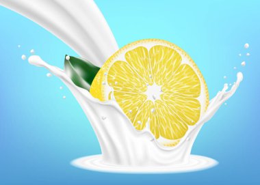 Lemon fruit in milk or yoghurt splash. Design element. Packaging. Realistic 3d Vector illustration.