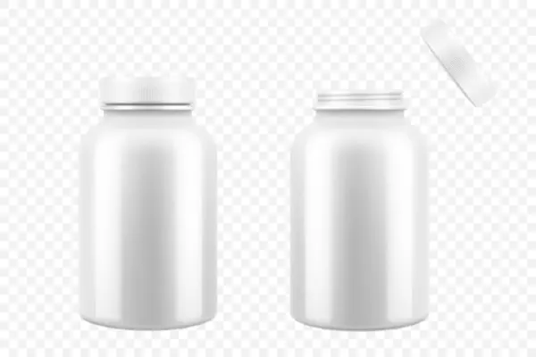 Opened Closed White Plastic Medical Pill Bottles Realistic Vector Illustration — Διανυσματικό Αρχείο