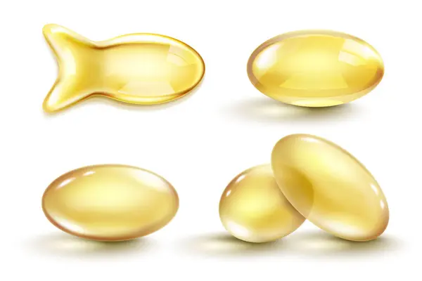 Golden Oil Capsule Set Realistic Shiny Medicine Pills Gold Yellow — Stock Vector
