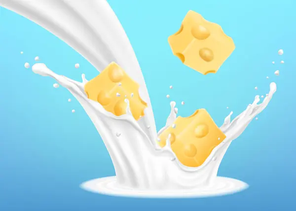 Stukken Kaas Spetterende Melk Realistische Vector Illustratie Icoon Ontwerpelement Verpakking — Stockvector