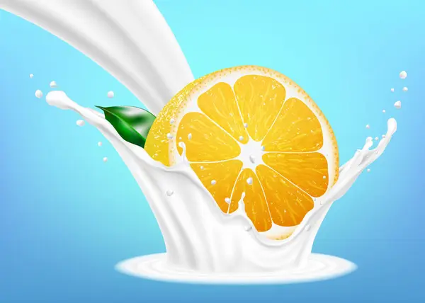 Apelsinfrukt Och Mjölkstänk Frukt Och Yoghurt Realistisk Illustration Vektorikon — Stock vektor
