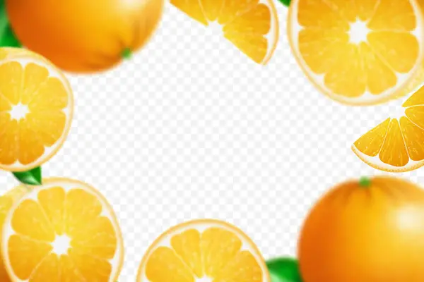 stock vector Falling juicy oranges with green leaves isolated on transparent background. Flying defocusing slices of oranges. Applicable for fruit juice advertising. Realistic 3d Vector illustration.